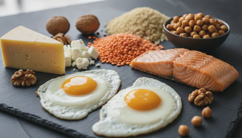 Aliments riches en protides : viande, poisson, œufs, légumineuses, tofu