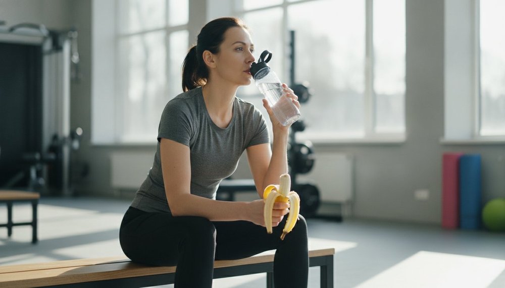 Sportive consommant une banane apres une seance de musculation en salle