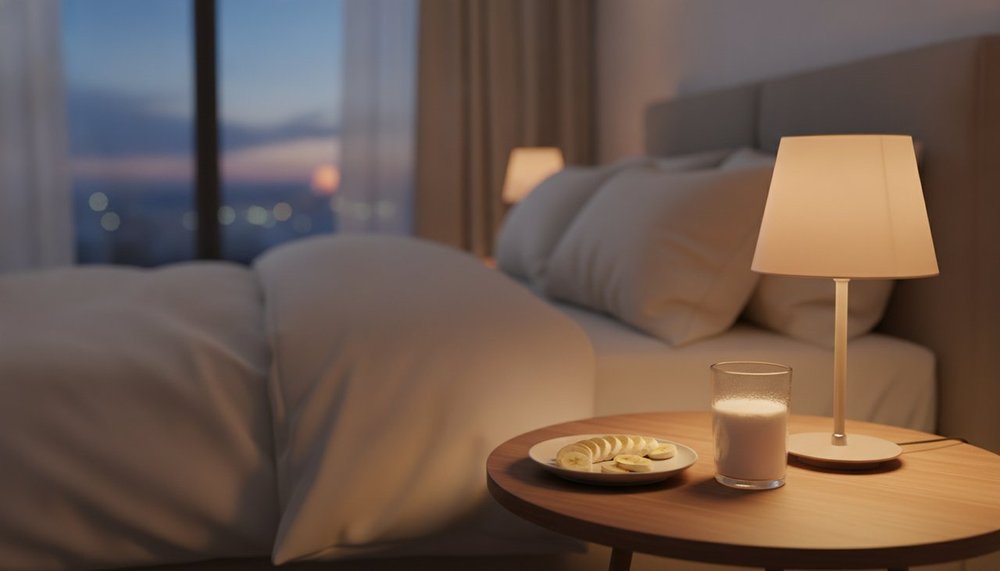 Banane coupee et lait tiede sur une table de chevet le soir