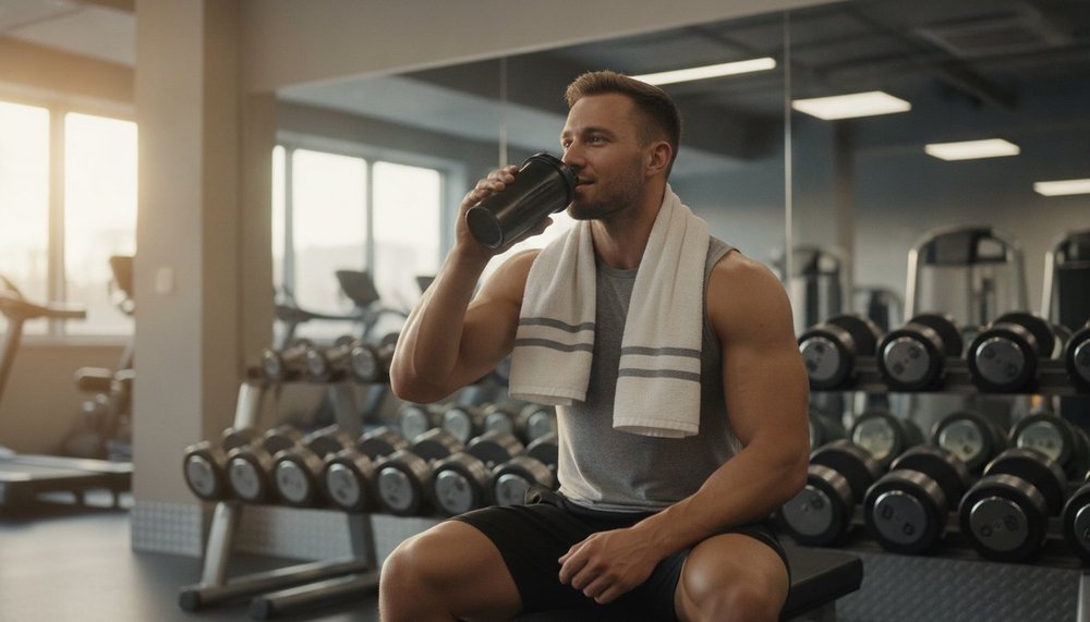 Sportif buvant un shaker de whey après sa séance de musculation