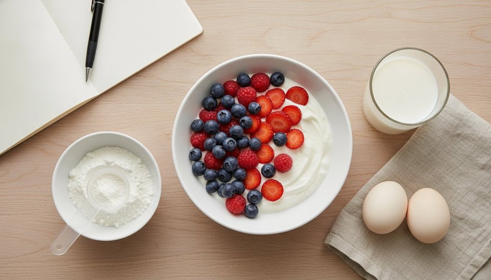 Petit-déjeuner riche en protéines avec yaourt, œufs et poudre de whey