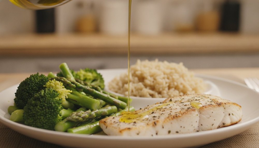 Assiette de dîner équilibré avec saumon, légumes verts et quinoa