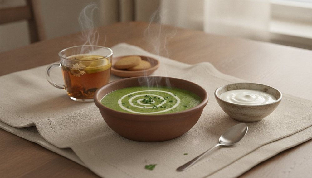 Soupe de légumes verts, yaourt nature et tisane, aliments légers anti-ballonnement pour le soir
