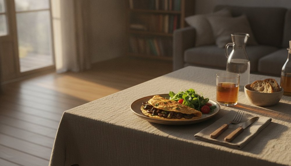 Table de dîner tôt le soir avec lumière douce, dîner léger pris à distance du coucher