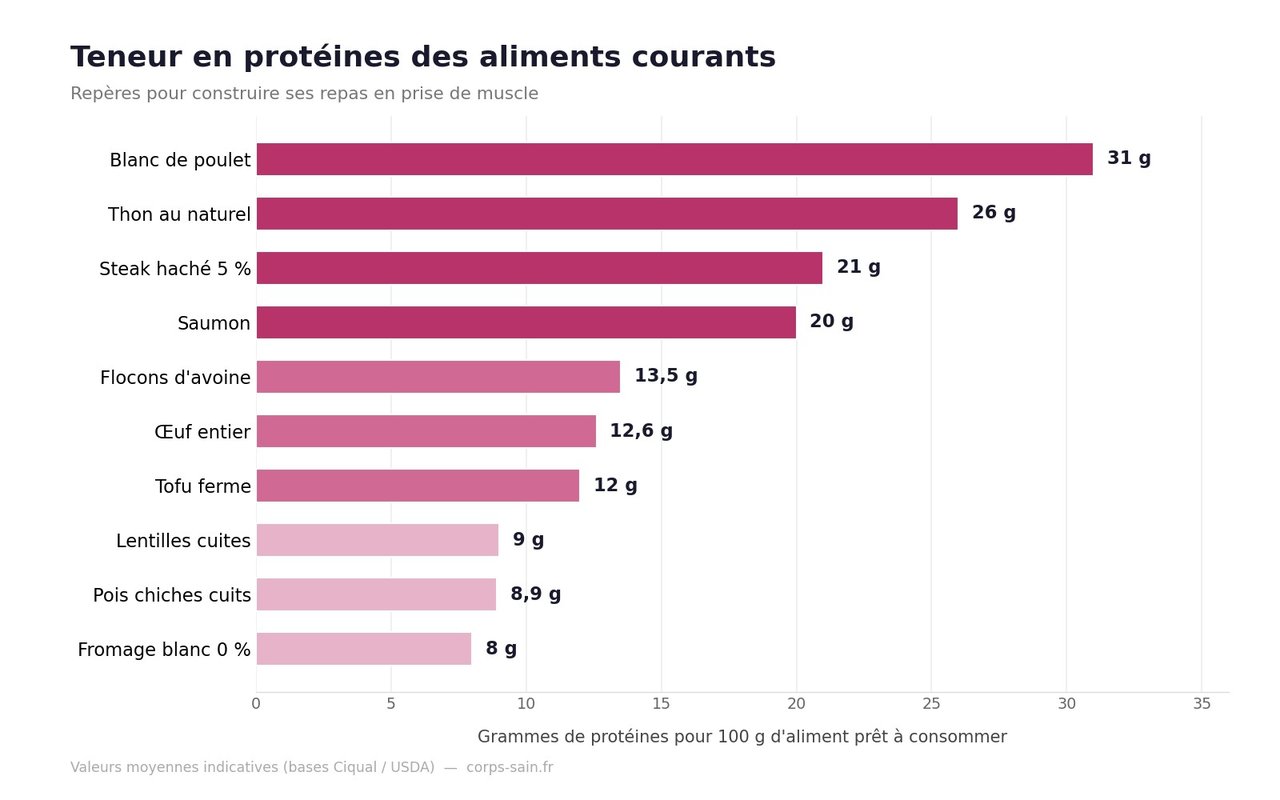 Infographie : teneur en protéines pour 100 g des aliments courants en prise de muscle