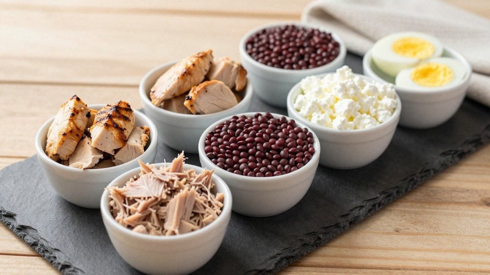Sources de protéines pour prendre du muscle : poulet, thon, lentilles, fromage blanc et œufs