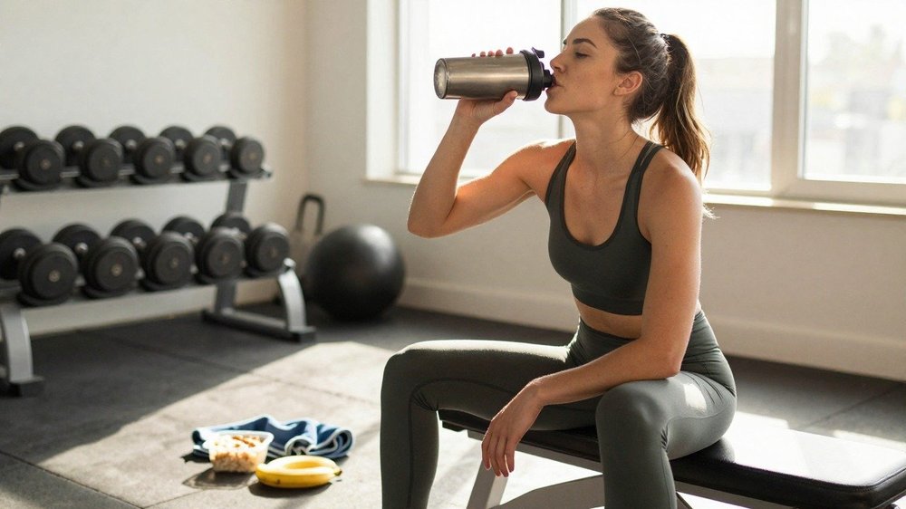 Collation après l'entraînement : shaker, banane et repas riz-poulet pour la récupération musculaire