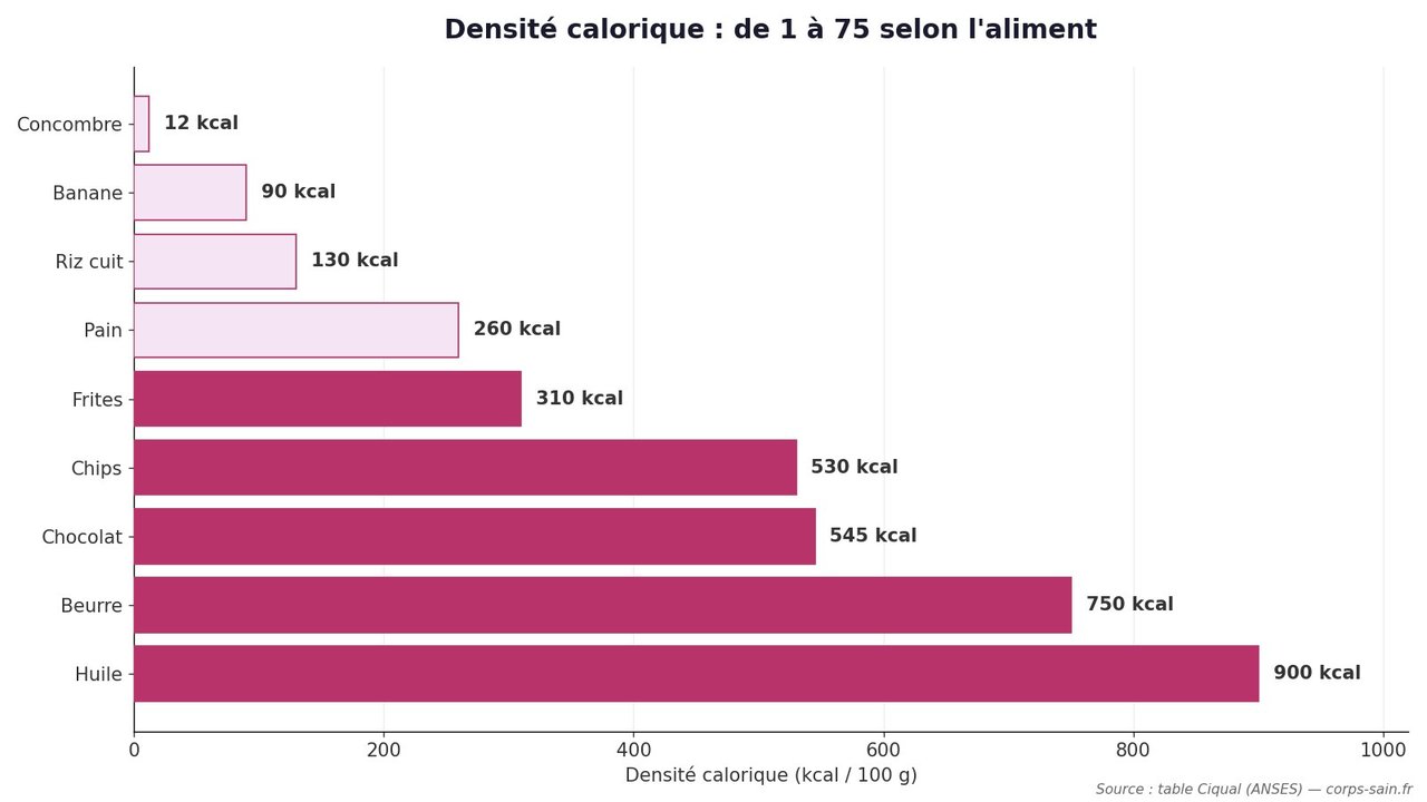 Infographie comparant la densité calorique des aliments courants en kcal pour 100 g
