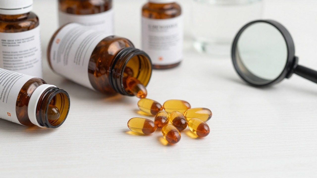 Flacons ambrés de compléments alimentaires et capsules d'huile posés sur une table, à côté d'une loupe pour lire l'étiquette