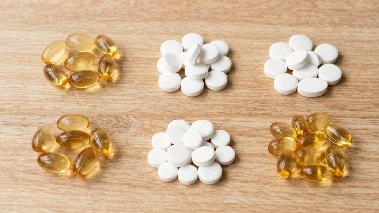 Comprimés blancs et capsules molles dorées disposés en petits tas sur un fond en bois clair