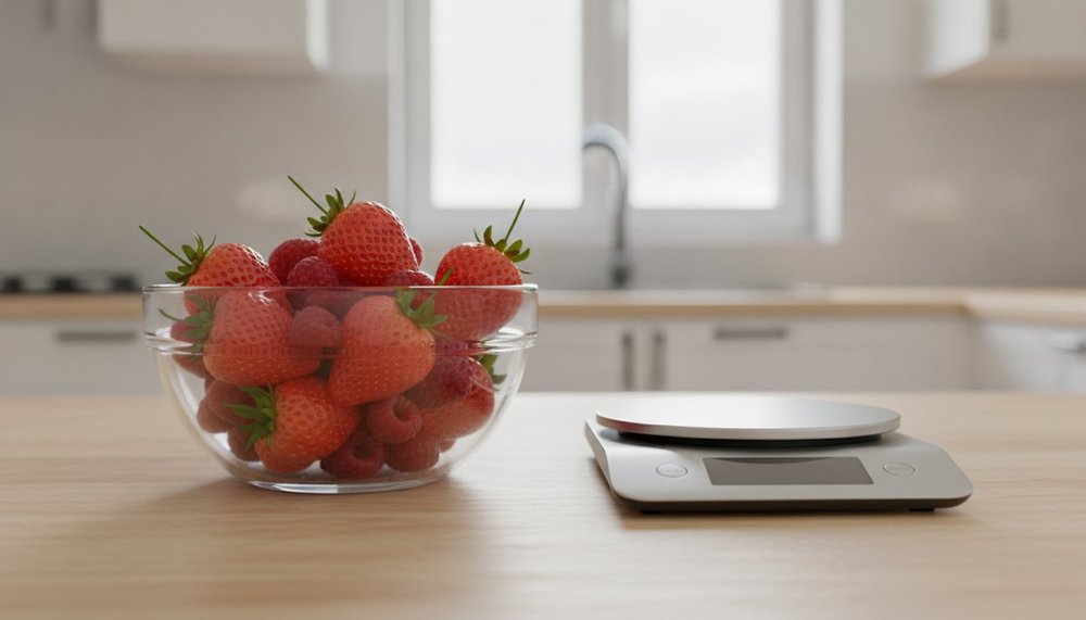 Fraises et framboises pesées sur une balance de cuisine pour compter les calories