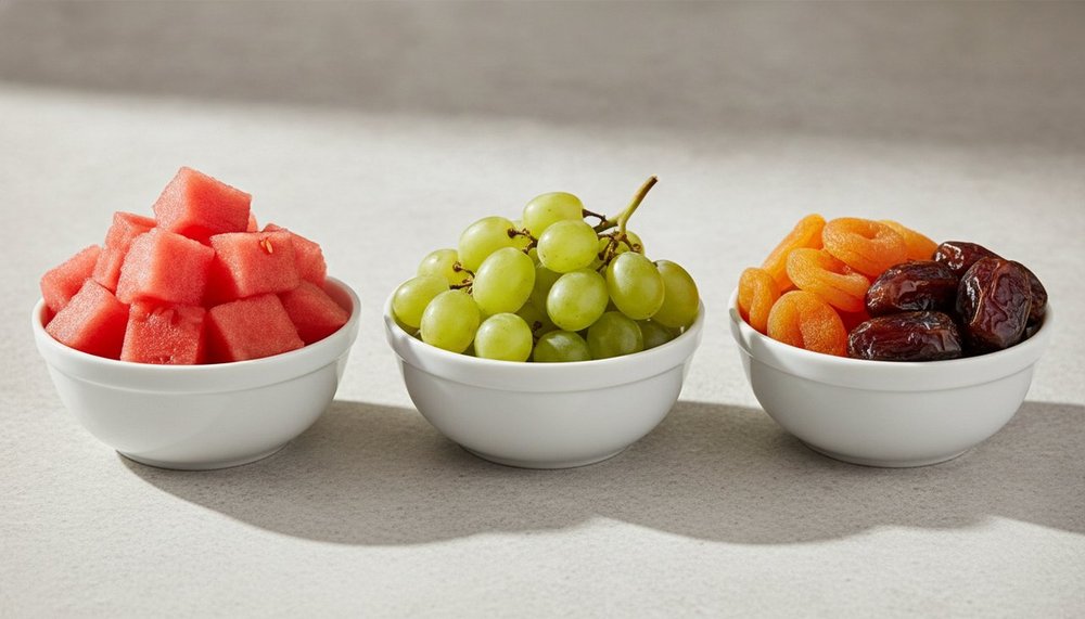 Comparaison de portions entre pastèque, raisin et fruits secs dans trois bols