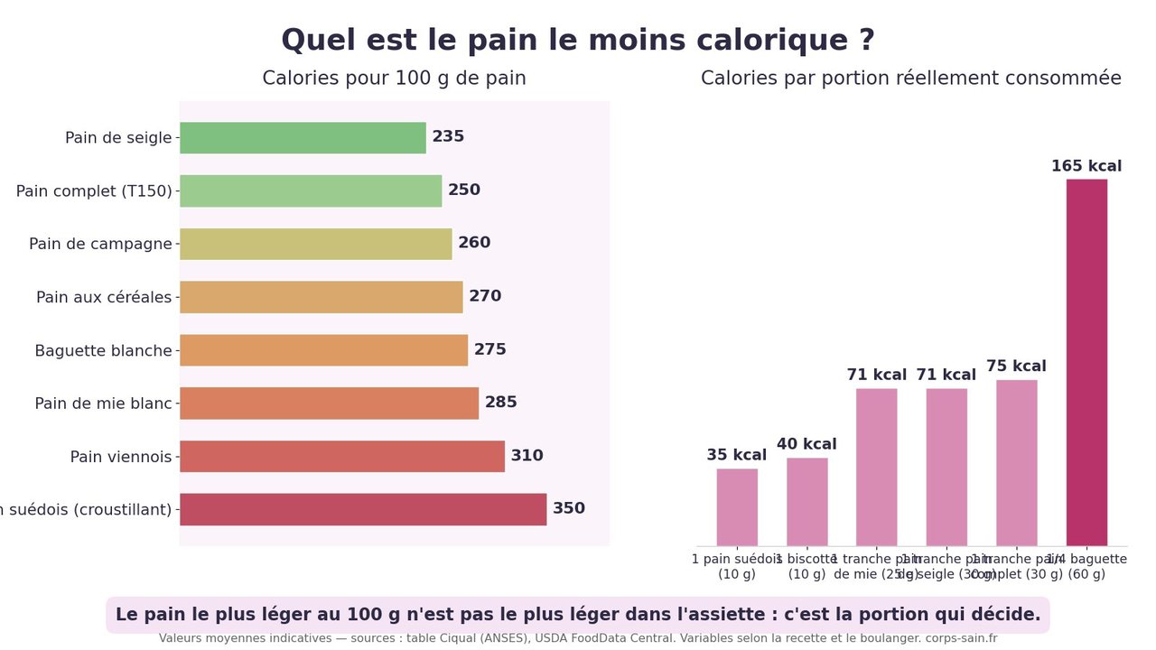 Infographie comparant les calories des pains pour 100 g et par portion réellement consommée