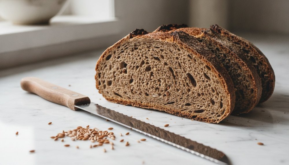 Pain de seigle au levain tranché montrant une mie dense et humide