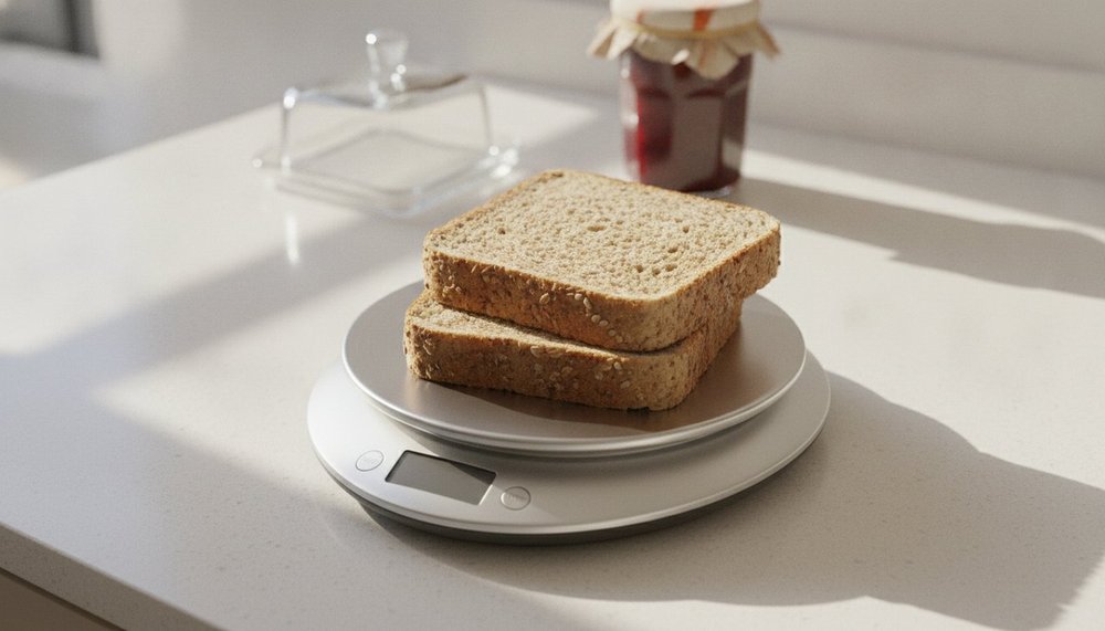 Balance de cuisine pesant deux tranches de pain complet, avec beurre et confiture en arrière-plan