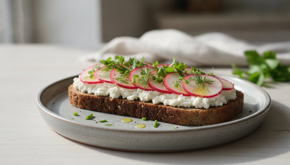 Tartine de pain complet garnie de fromage blanc, radis et herbes fraîches