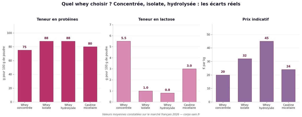 Comparatif whey concentrée isolate hydrolysée caséine : protéines, lactose et prix