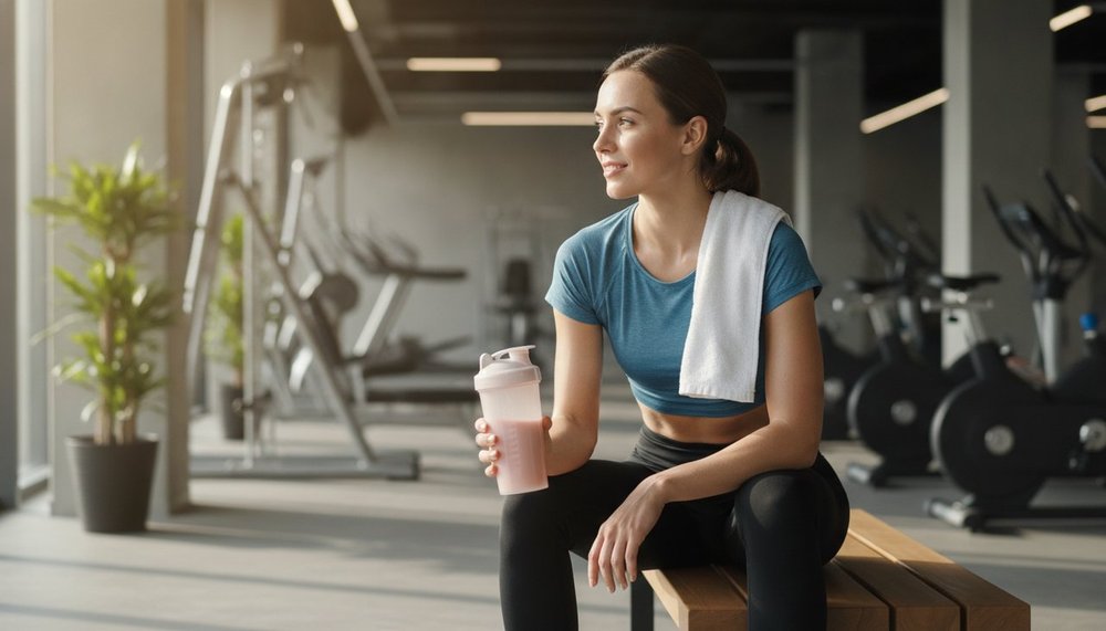 Sportive utilisant un shaker de whey après sa séance de musculation