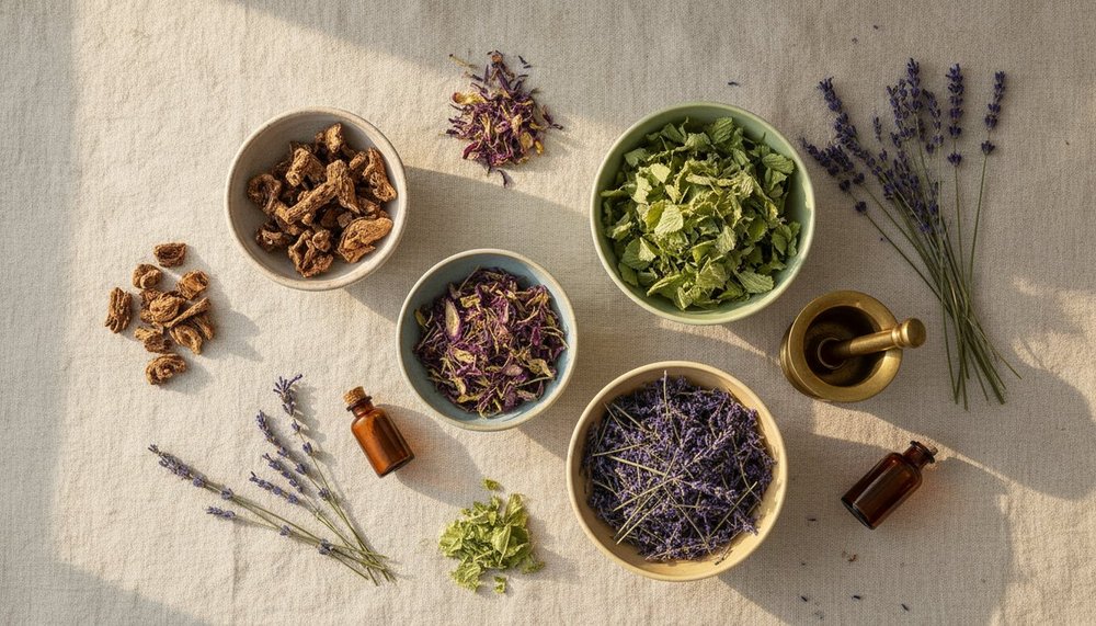 Plantes séchées pour le sommeil : valériane, passiflore, mélisse et lavande