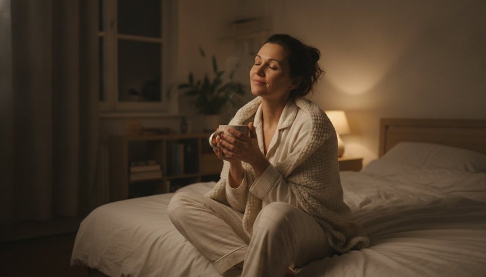 Femme buvant une infusion de plantes le soir avant de dormir