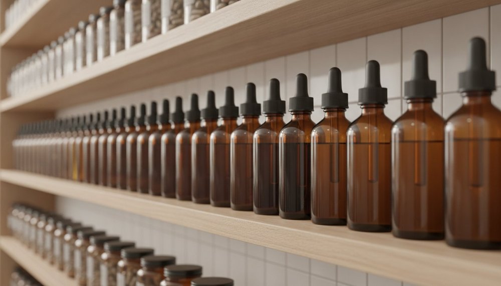 Flacons et gélules de compléments à base de plantes pour le sommeil en pharmacie