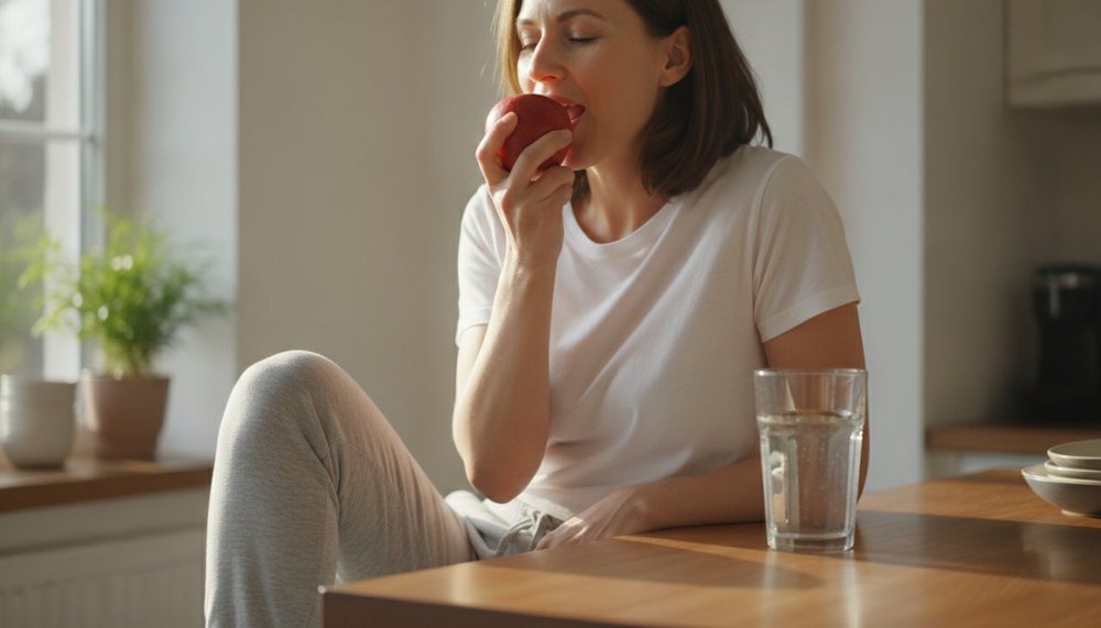 Femme mangeant une pomme entière en collation dans sa cuisine