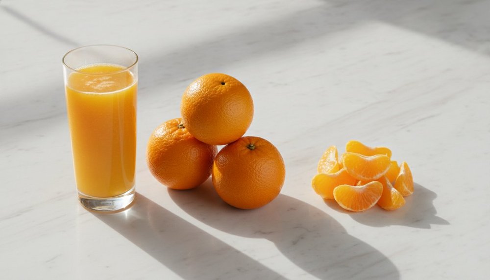 Comparaison entre un verre de jus d'orange et des oranges entières