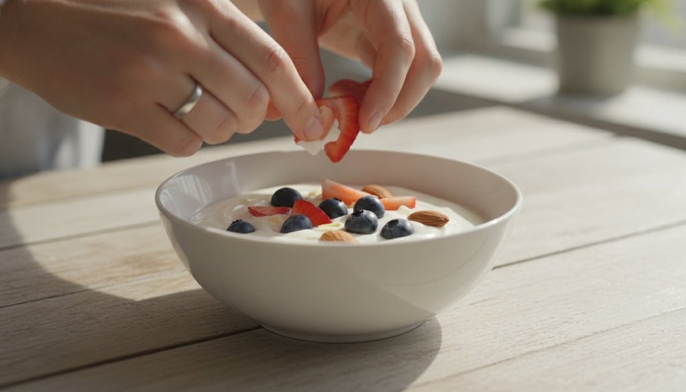 Fruits rouges frais ajoutés à un bol de yaourt nature pour une collation rassasiante