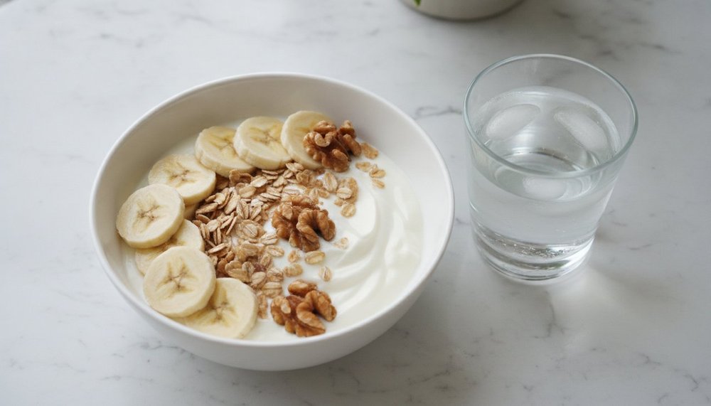 Bol de yaourt grec avec des rondelles de banane, des flocons d'avoine et des noix pour un petit-déjeuner équilibré