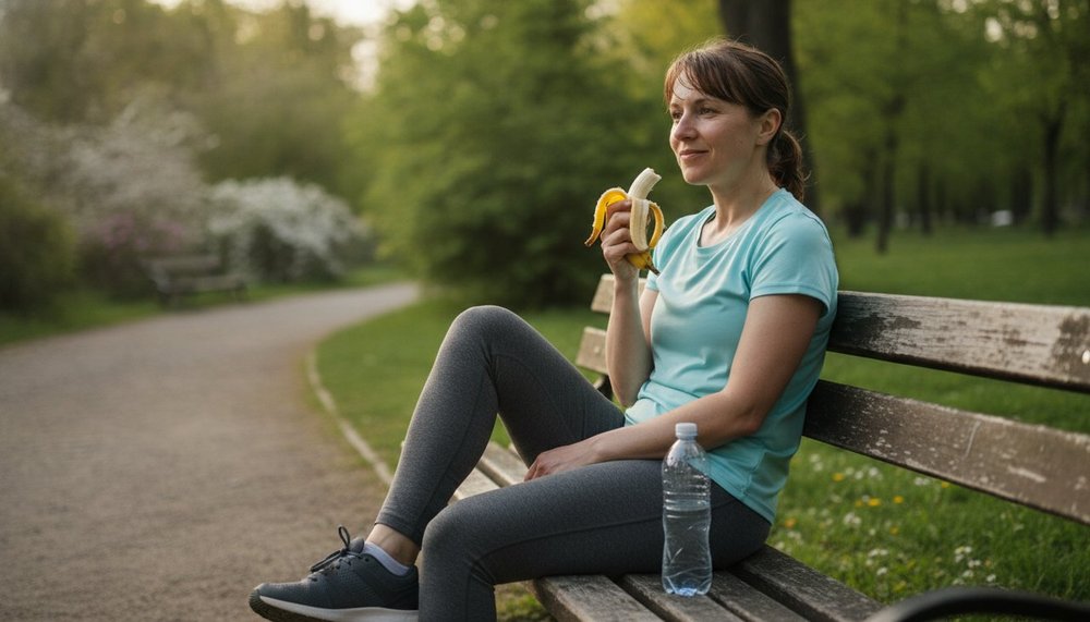 Sportive mangeant une banane après une séance de course à pied dans un parc