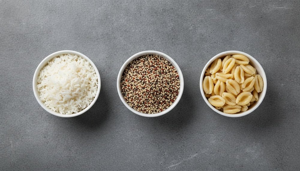 Trois bols comparant une portion de riz, de quinoa et de pâtes