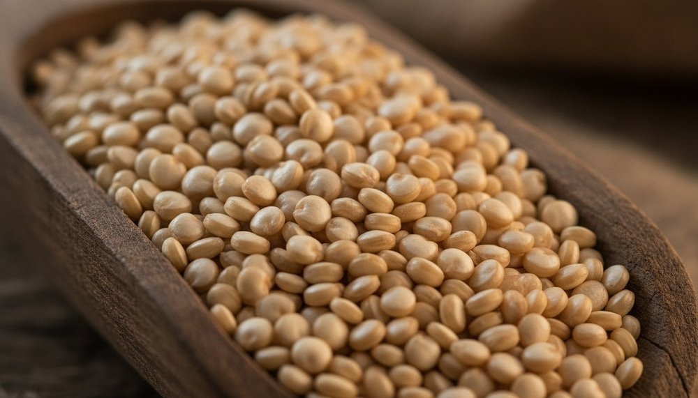 Graines de quinoa cru en gros plan dans une cuillère en bois
