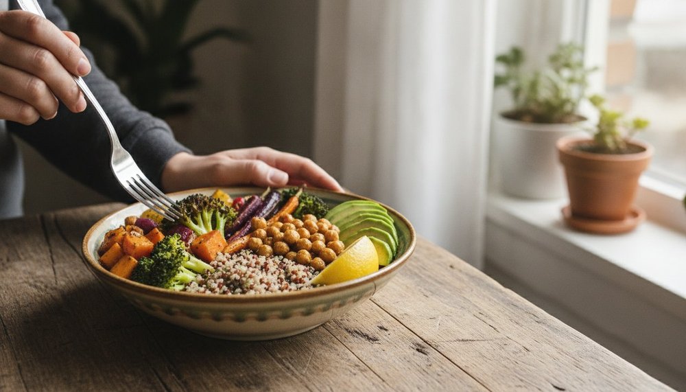 Buddha bowl au quinoa avec légumes rôtis, pois chiches et avocat