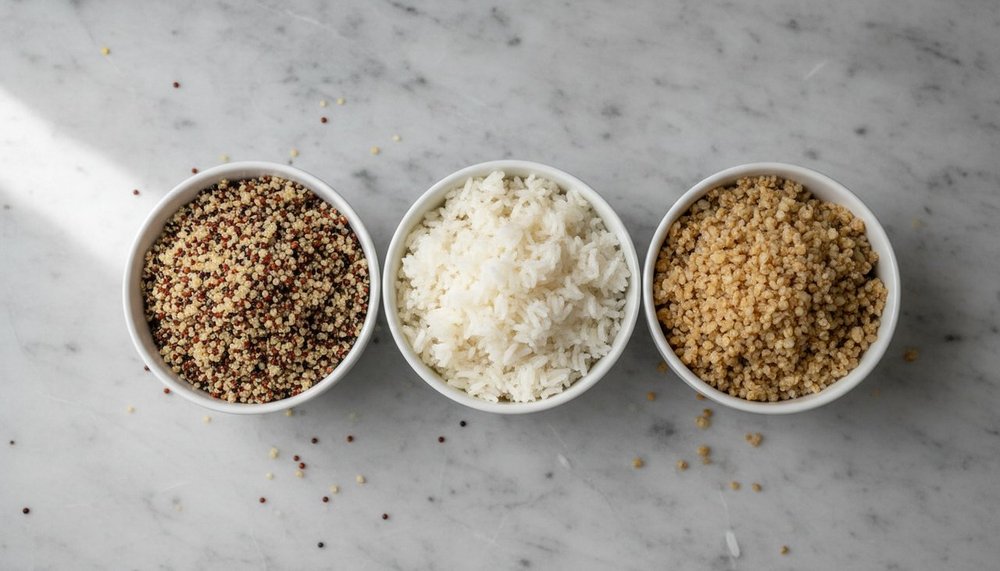 Comparaison de trois bols de quinoa, riz et boulgour cuits