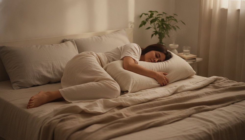 Position de sommeil sur le côté avec oreiller de maintien pour réduire le ronflement
