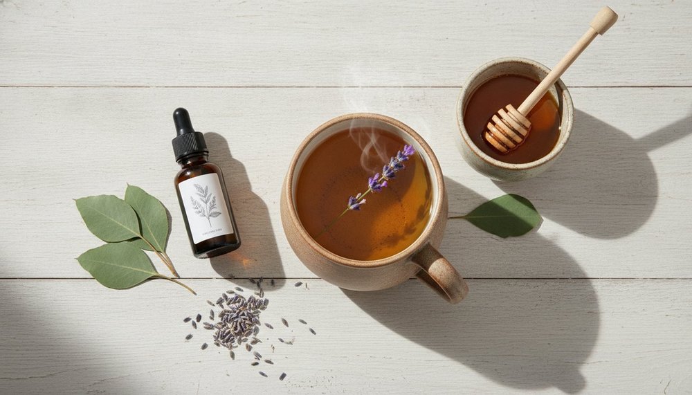 Tisane, lavande et huile essentielle d'eucalyptus comme remèdes naturels du soir