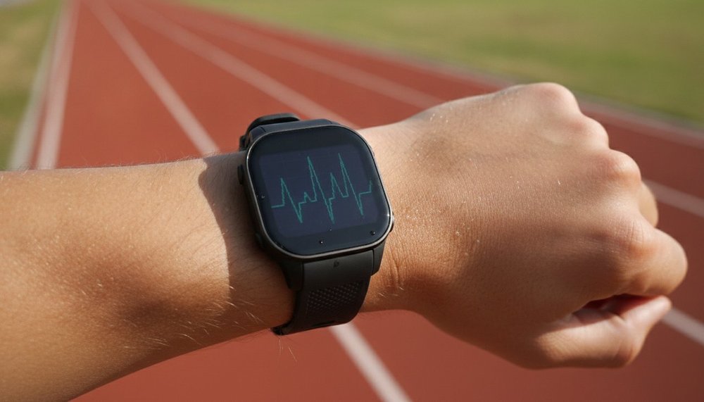 Montre cardio au poignet d'un coureur affichant la fréquence cardiaque pendant une séance au seuil