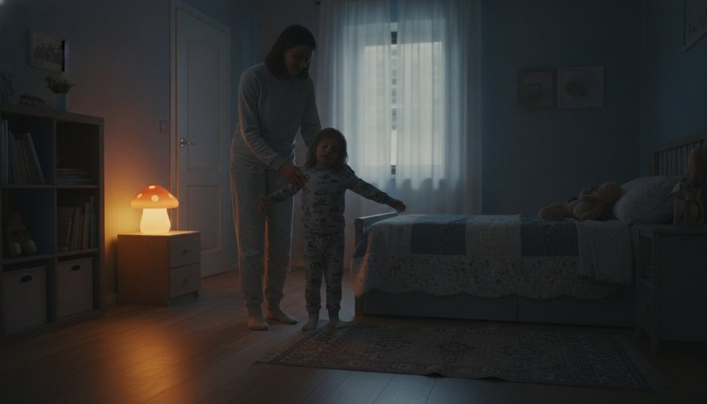 Parent guidant doucement un enfant somnambule vers son lit la nuit