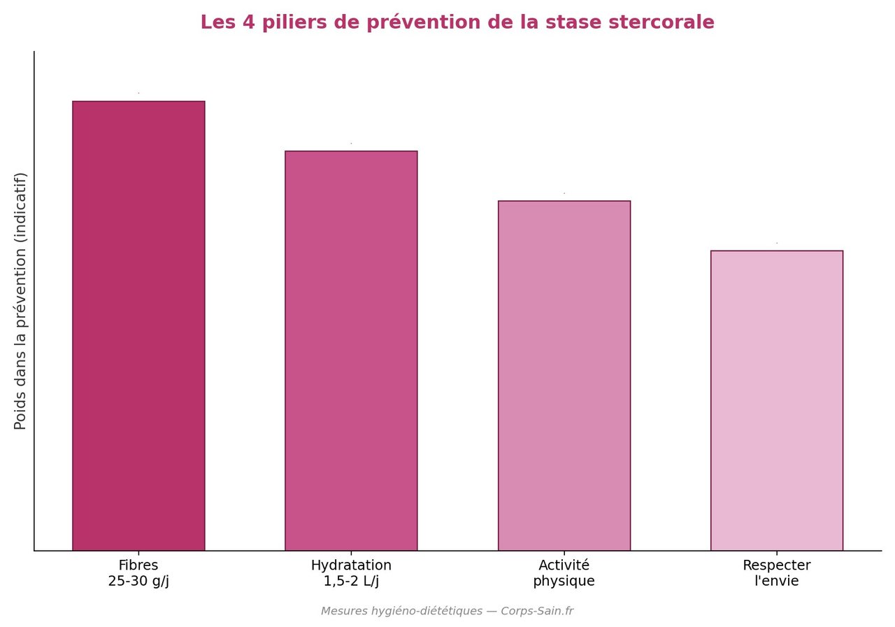 Les 4 piliers de prévention de la stase stercorale : fibres, eau, activité, habitudes