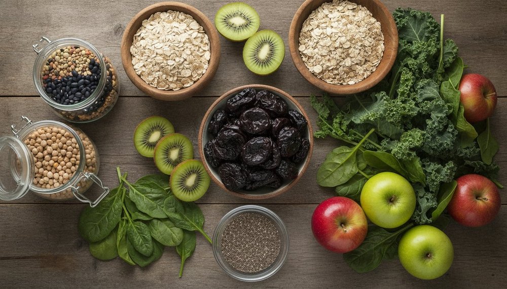 Aliments riches en fibres : fruits, légumes, légumineuses et céréales complètes