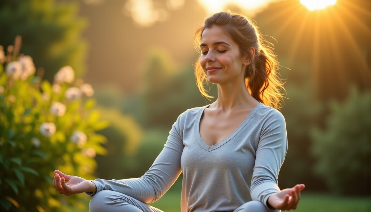 Femme pratiquant la méditation en plein air au lever du soleil pour apaiser le stress et la tension artérielle