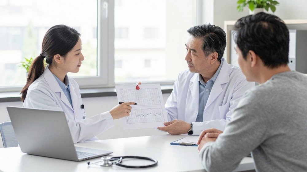 Médecin du sommeil expliquant un enregistrement de polysomnographie à un patient lors d'une consultation pour trouble du sommeil