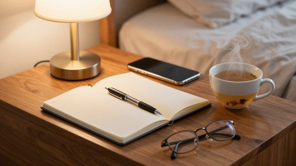 Agenda du sommeil tenu sur un carnet posé sur une table de nuit, outil de base du diagnostic d'un trouble du sommeil