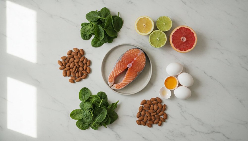 Aliments riches en vitamine B2 : epinards, oeufs, amandes, saumon
