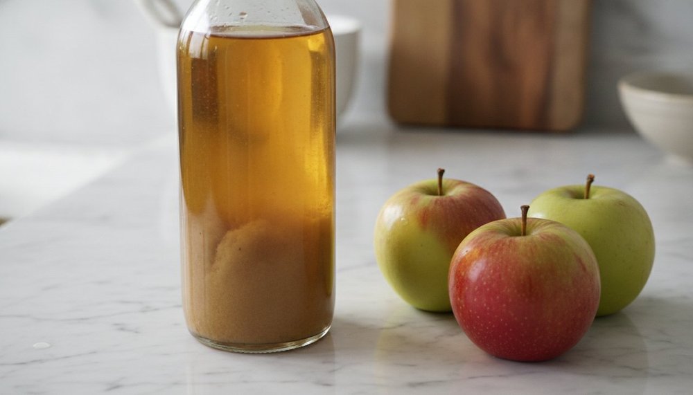 Bouteille de vinaigre de cidre avec la mère et pommes fraîches