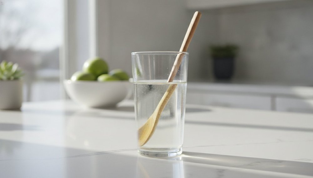 Verre d'eau avec vinaigre de cidre dilué posé sur une table de cuisine