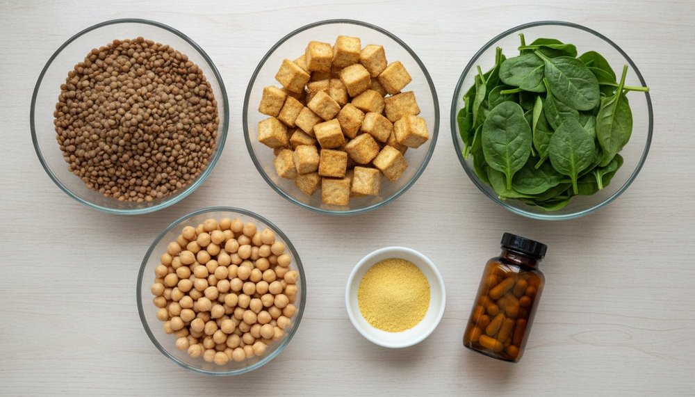Repas végétalien avec légumineuses, tofu et complément en vitamine B12