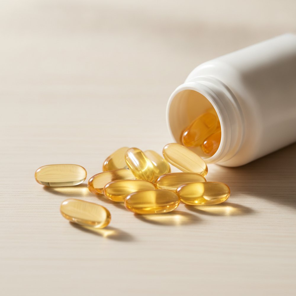 Compléments de vitamine D3 et K2 en capsules molles posés sur une table claire