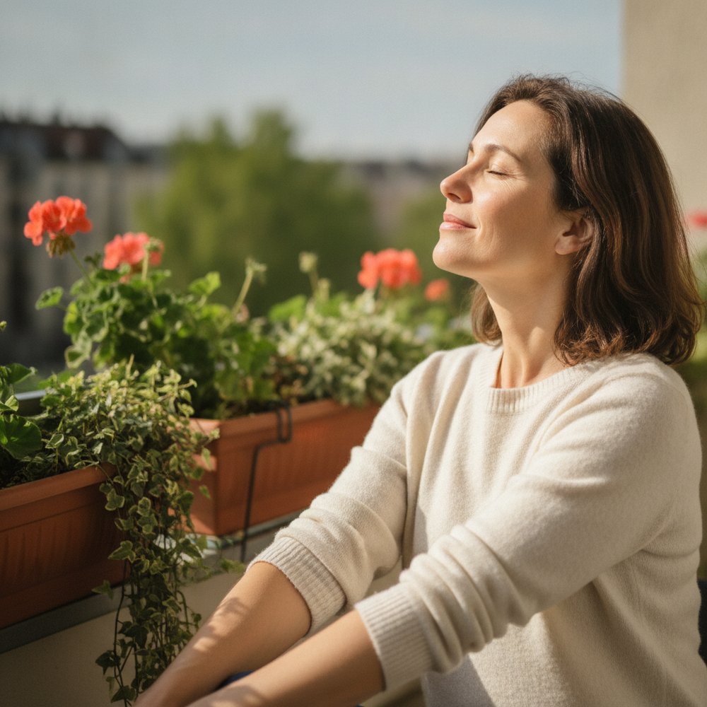 Femme exposant ses avant-bras au soleil du printemps pour favoriser la synthèse de vitamine D3