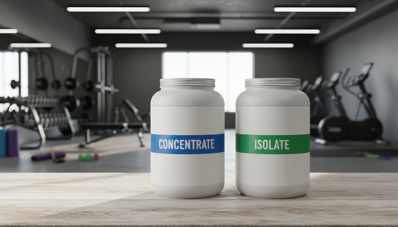 Deux pots whey concentrate et whey isolate comparés en studio